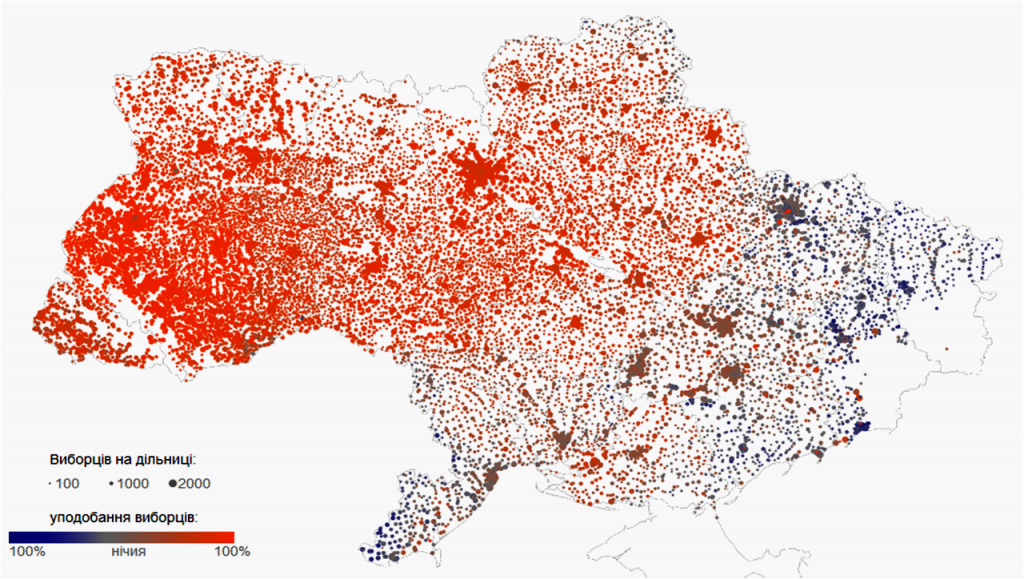 Valg til Verkhovna Rada 26. oktober 2013. Orange: Proeuropæisk flertal, blå: prorussisk. Kilde: Ukrainska Pravda og Hubs.